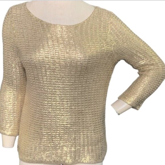 Chico's 100% Cotton Knit Sweater Top Sz 1 (M/8) Metallic Gold #93M - Picture 1 of 7